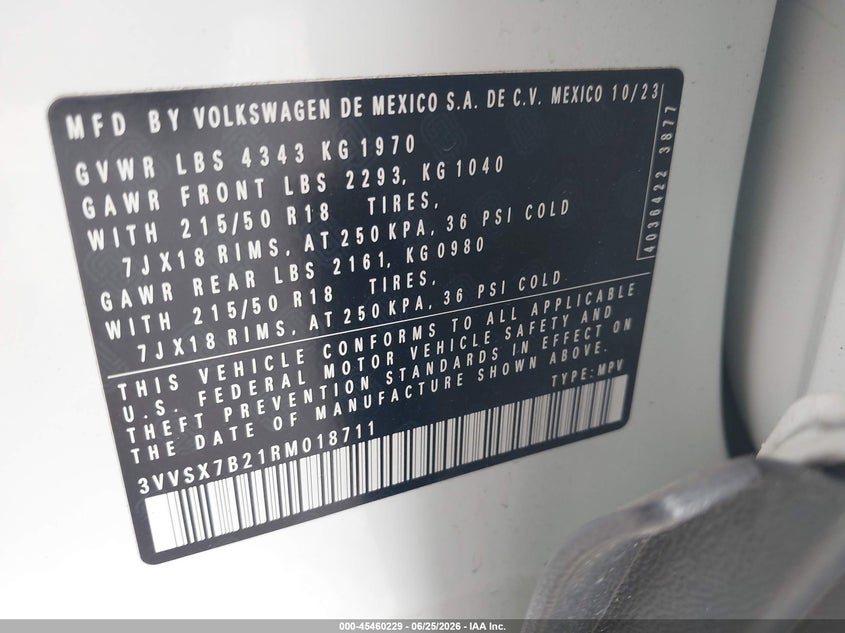 2024 Volkswagen Taos 1.5T Se VIN: 3VVSX7B21RM018711 Lot: 45460229