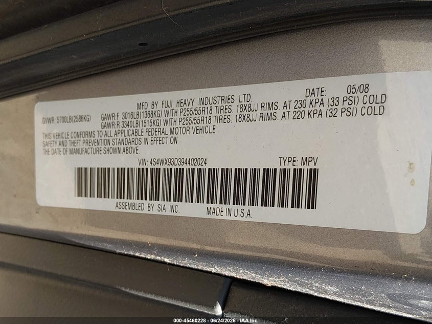 2009 Subaru Tribeca Limited 5-Passenger VIN: 4S4WX93D394402024 Lot: 45460228