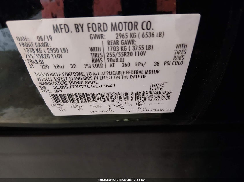 2020 Lincoln Aviator Reserve VIN: 5LM5J7XC7LGL06841 Lot: 45460250