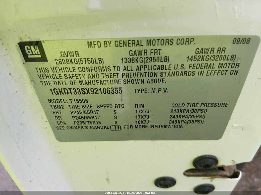 2009 GMC Envoy Sle VIN: 1GKDT33SX92106355 Lot: 45460275