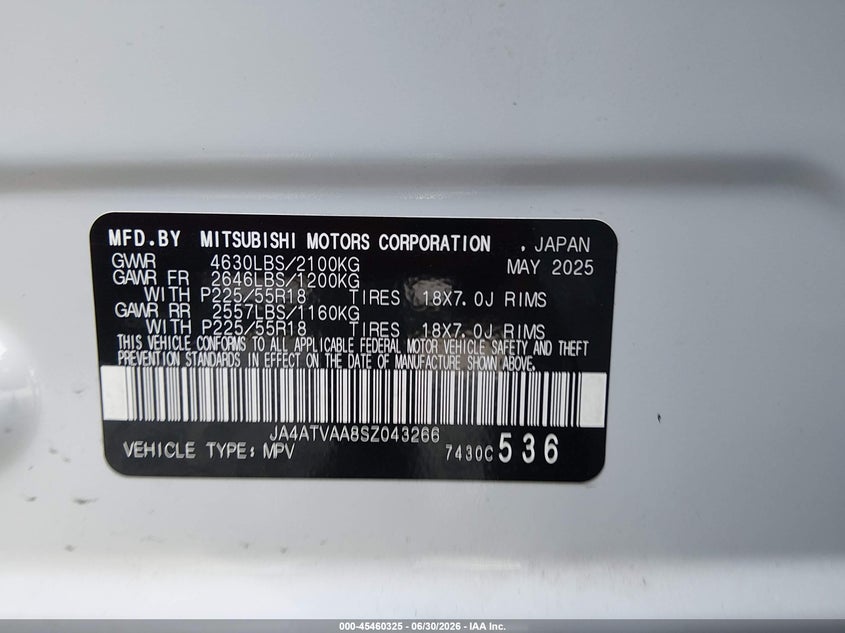 2025 Mitsubishi Eclipse Cross Le S-Awc VIN: JA4ATVAA8SZ043266 Lot: 45460325