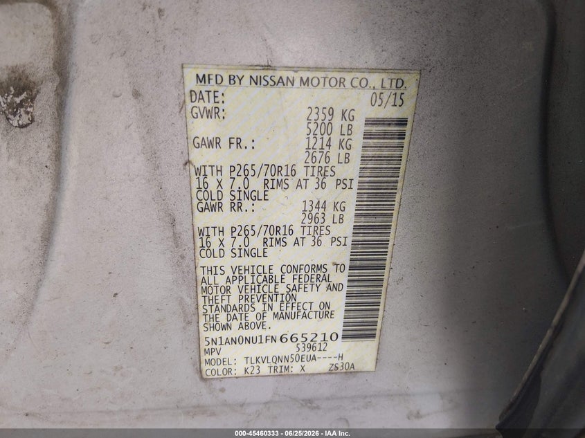 2015 Nissan Xterra X VIN: 5N1AN0NU1FN665210 Lot: 45460333