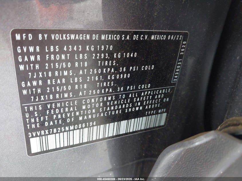 2022 Volkswagen Taos 1.5T Se VIN: 3VVRX7B25NM086194 Lot: 45460386