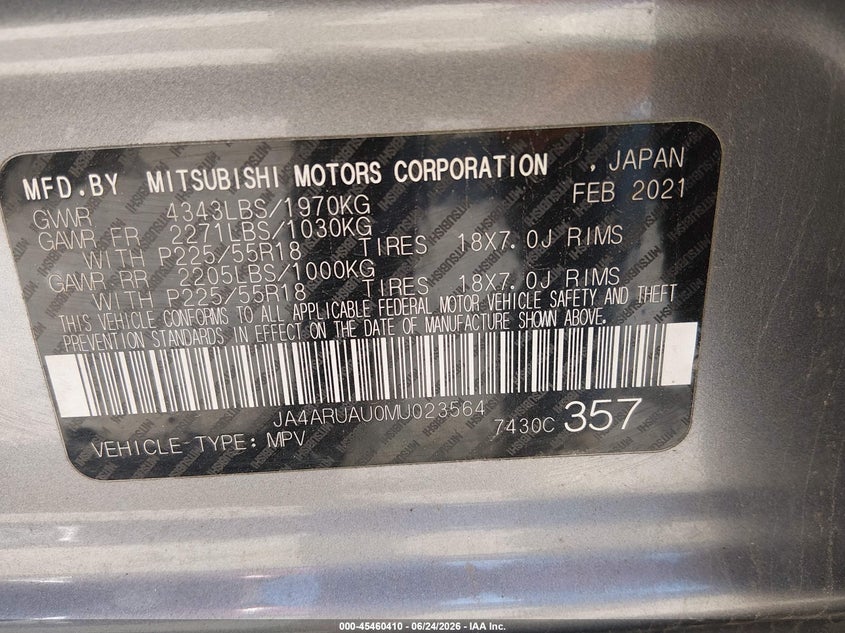 MITSUBISHI OUTLANDER SPORT 2021 VIN JA4ARUAU0MU023564