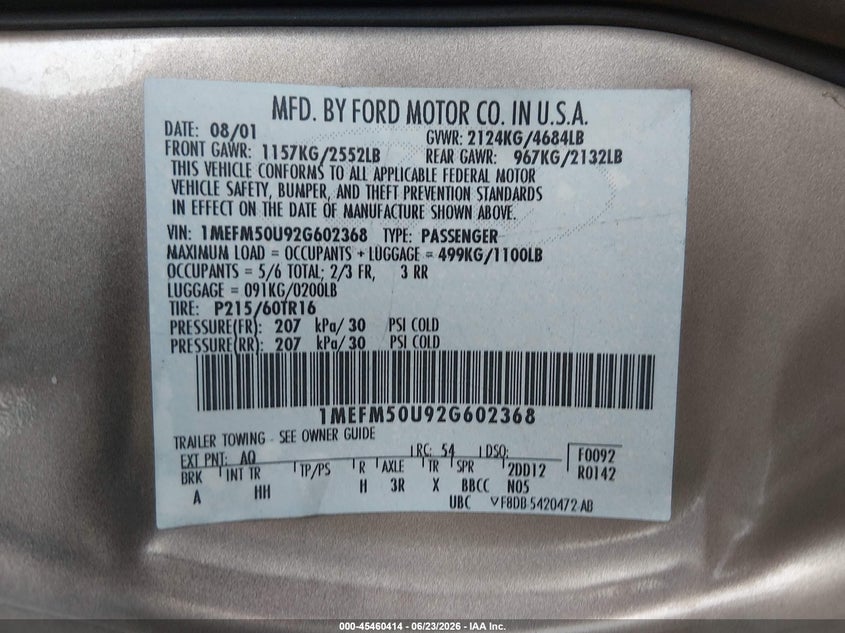 2002 Mercury Sable Gs VIN: 1MEFM50U92G602368 Lot: 45460414