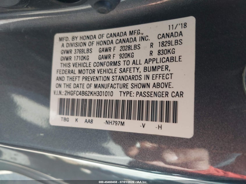 2019 HONDA CIVIC COUPE 2.0L I-4 DOHC, VVT, 158HP
