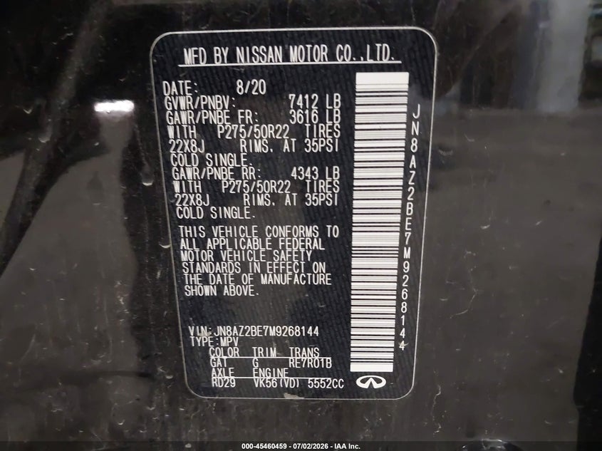 2021 Infiniti Qx80 Sensory Awd VIN: JN8AZ2BE7M9268144 Lot: 45460459