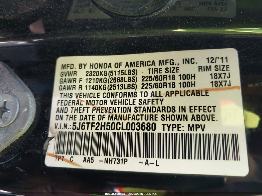 2012 Honda Crosstour Ex-L VIN: 5J6TF2H50CL003680 Lot: 45460504
