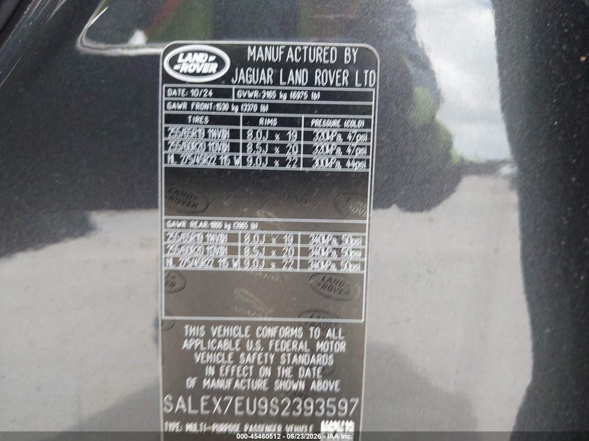 2025 Land Rover Defender 110 P400 X VIN: SALEX7EU9S2393597 Lot: 45460512