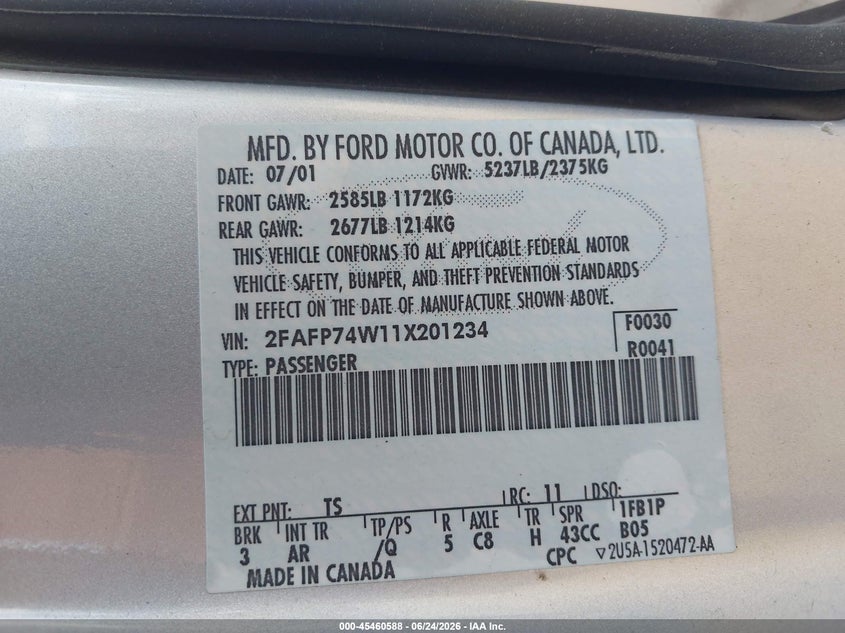 2001 Ford Crown Victoria Lx VIN: 2FAFP74W11X201234 Lot: 45460588