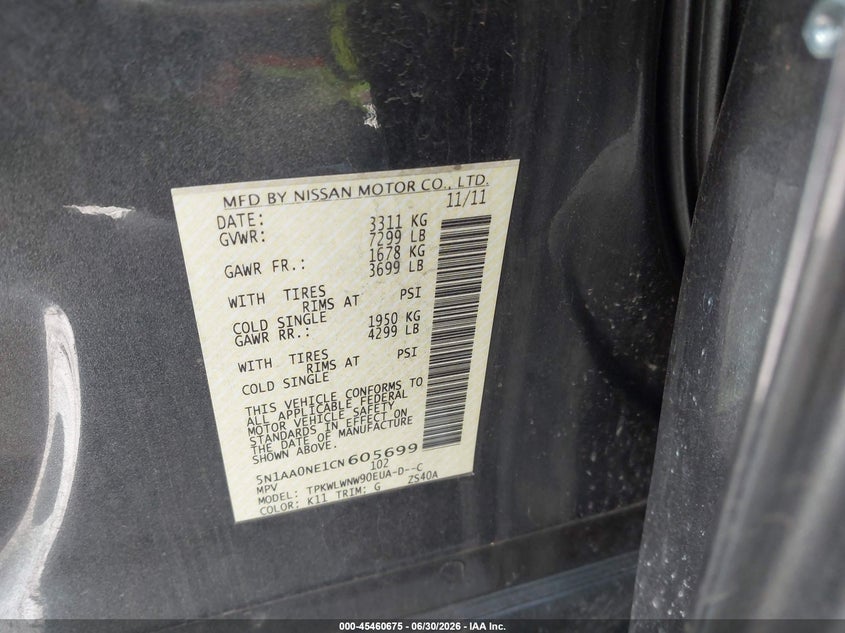 2012 Nissan Armada Platinum VIN: 5N1AA0NE1CN605699 Lot: 45460675