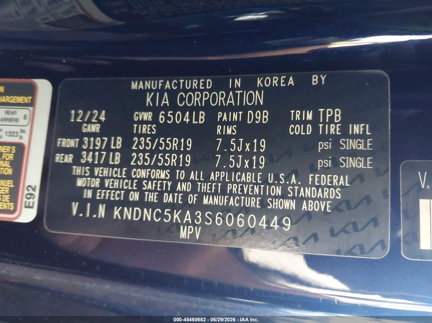 2025 Kia Carnival Mpv Hybrid Ex VIN: KNDNC5KA3S6060449 Lot: 45460682