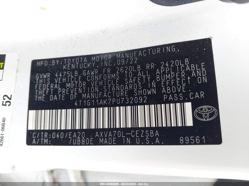 TOYOTA CAMRY 2023 VIN 4T1G11AK7PU732092