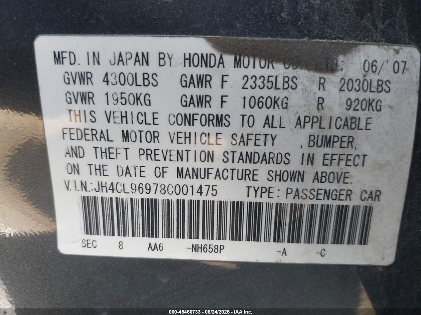 2008 Acura Tsx VIN: JH4CL96978C001475 Lot: 45460733