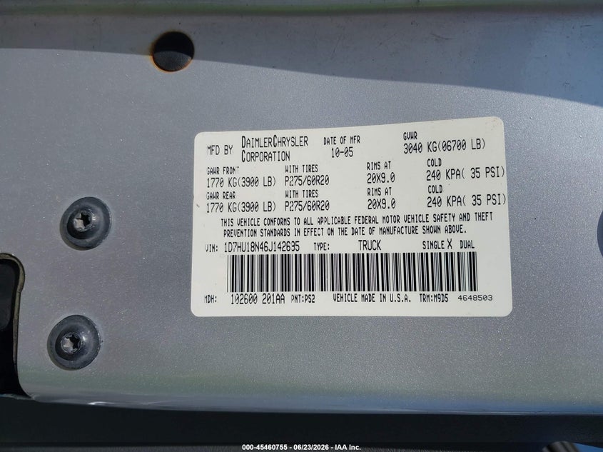 2006 Dodge Ram 1500 Slt/Trx4 Off Road/Sport VIN: 1D7HU18N46J142695 Lot: 45460755