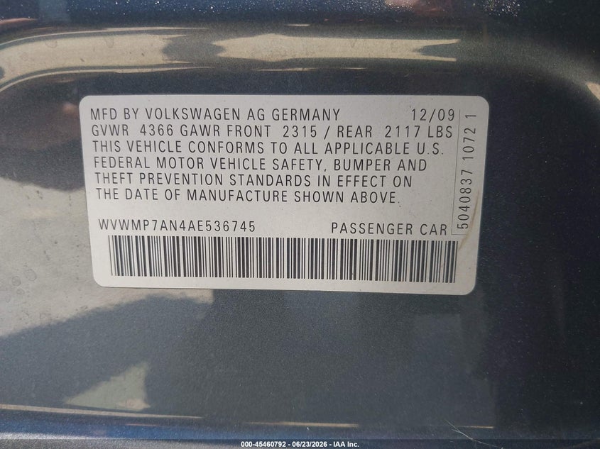 2010 Volkswagen Cc Sport VIN: WVWMP7AN4AE536745 Lot: 45460792