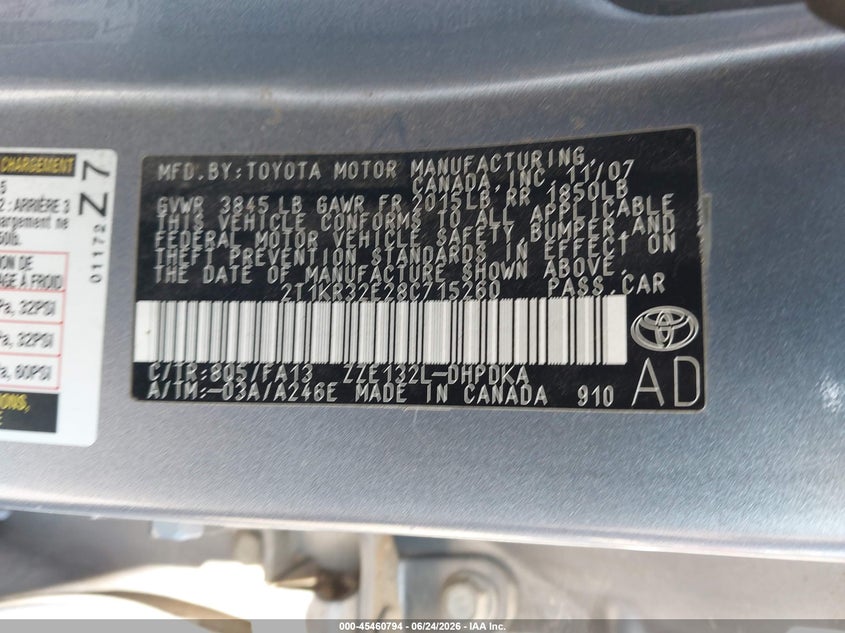 2008 Toyota Matrix Std VIN: 2T1KR32E28C715260 Lot: 45460794
