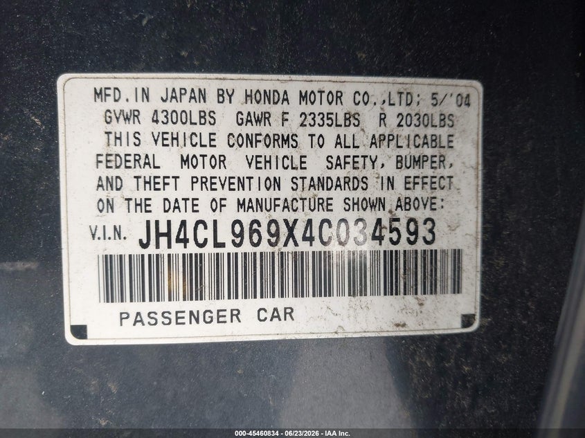 2004 Acura Tsx VIN: JH4CL969X4C034593 Lot: 45460834