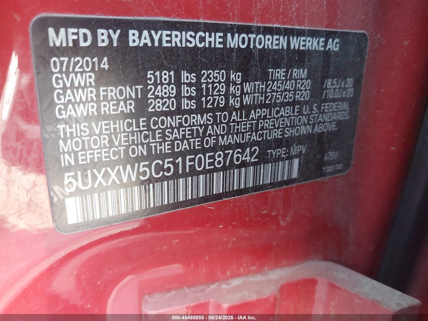 2015 BMW X4 xDrive35I VIN: 5UXXW5C51F0E87642 Lot: 45460855