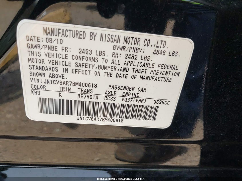 2011 Infiniti G37X VIN: JN1CV6AR7BM400618 Lot: 45460994