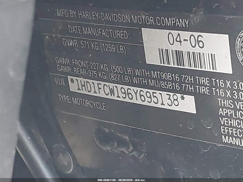 2006 Harley-Davidson Flhtcui VIN: 1HD1FCW196Y695138 Lot: 45461100