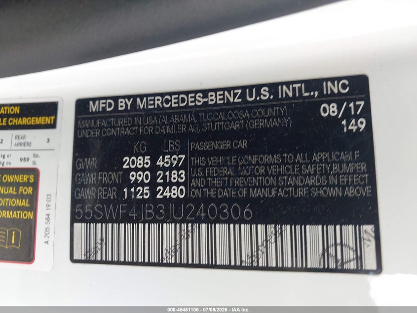 2018 Mercedes-Benz C 300 VIN: 55SWF4JB3JU240306 Lot: 45461106