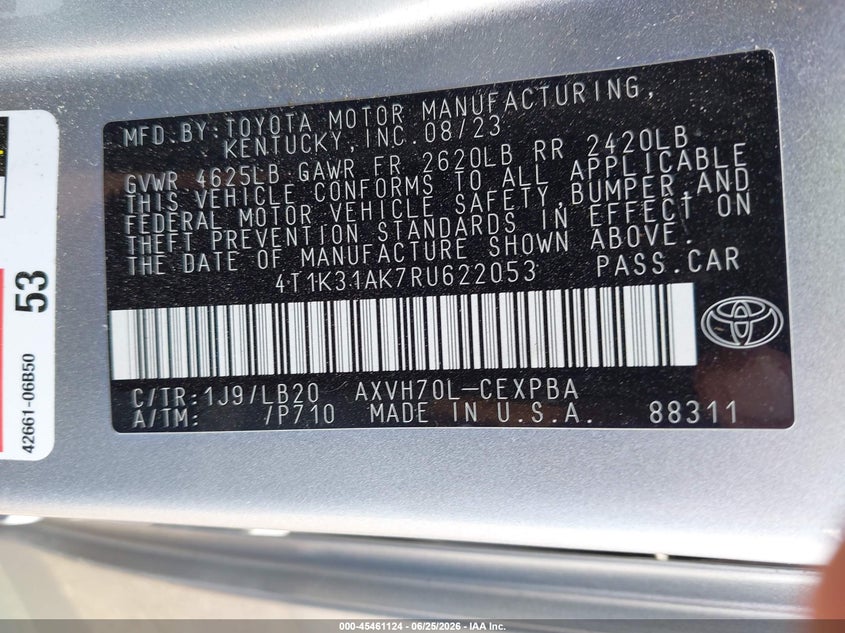 TOYOTA CAMRY HYBRID 2024 VIN 4T1K31AK7RU622053