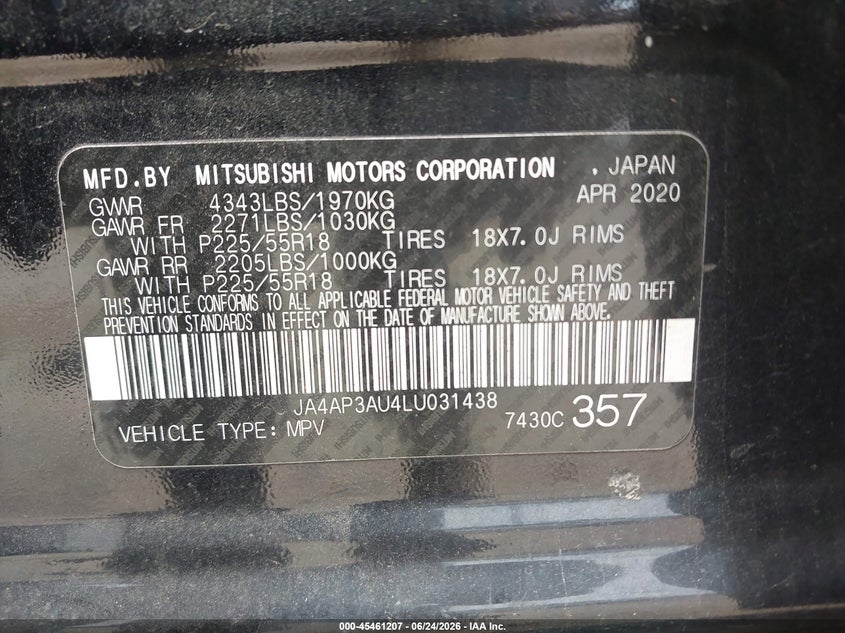 MITSUBISHI OUTLANDER SPORT 2020 VIN JA4AP3AU4LU031438