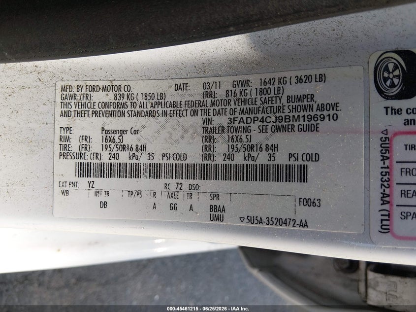2011 FORD FIESTA SEDAN 1.6L I-4 DOHC, VVT, 120HP