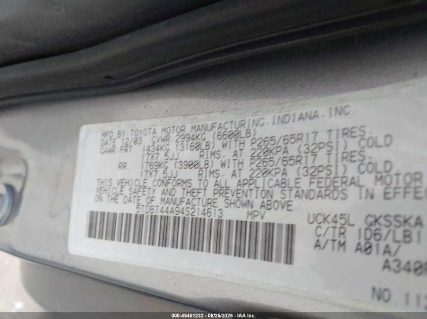 2004 Toyota Sequoia Sr5 V8 VIN: 5TDBT44A94S214613 Lot: 45461232