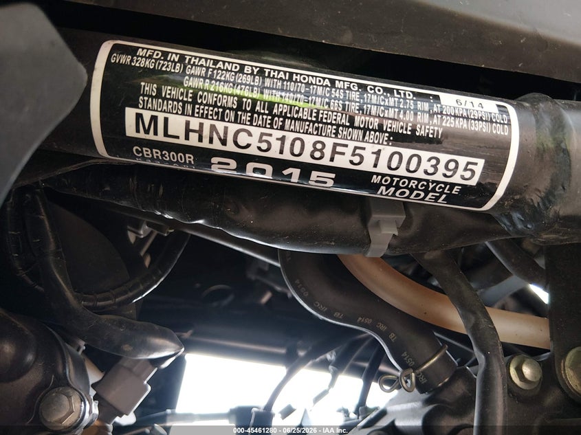 2015 Honda Cbr300 R VIN: MLHNC5108F5100395 Lot: 45461280