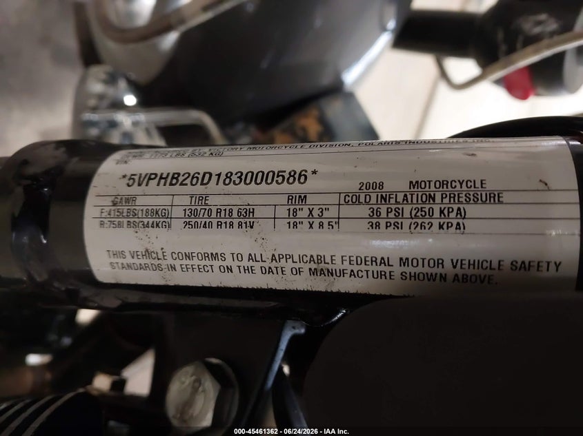 2008 Victory Motorcycles Hammer VIN: 5VPHB26D183000586 Lot: 45461362