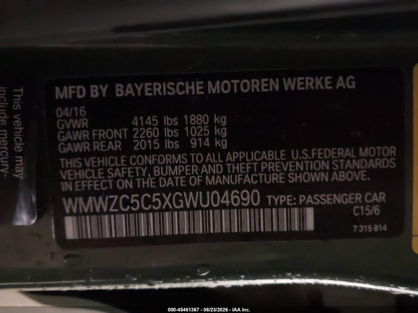 2016 Mini Countryman Cooper S VIN: WMWZC5C5XGWU04690 Lot: 45461367