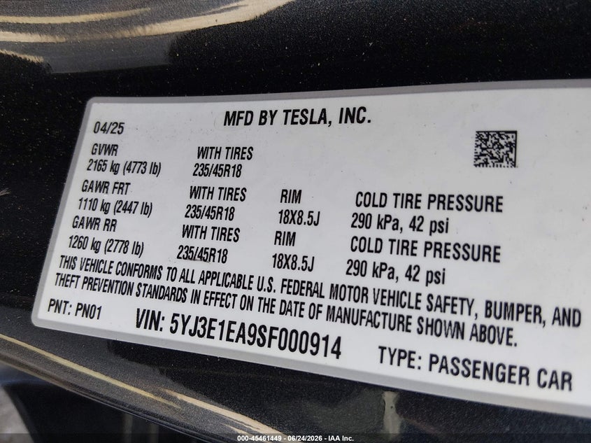 2025 TESLA MODEL 3 SEDAN ELECTRIC