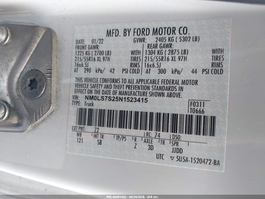 FORD TRANSIT CONNECT 2022 VIN NM0LS7S25N1523415