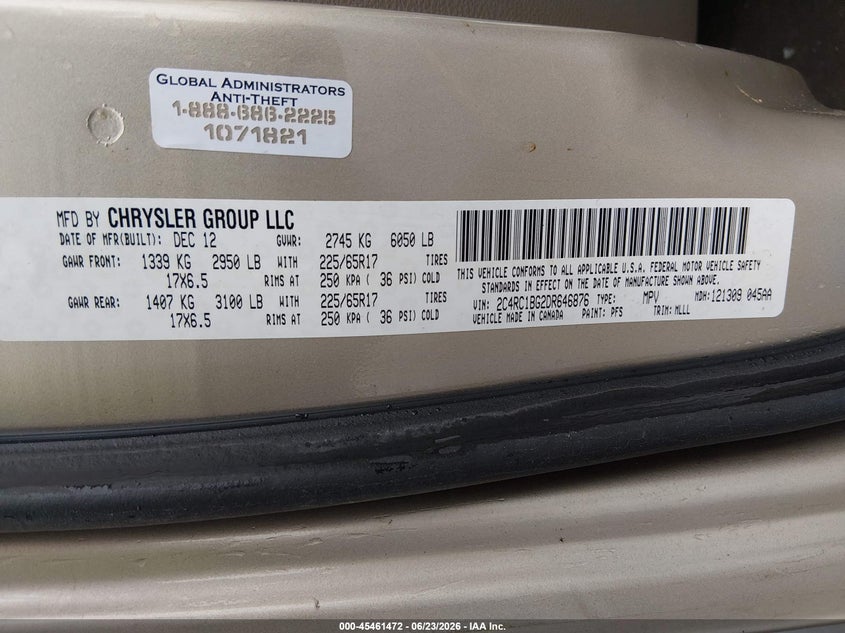 2013 Chrysler Town & Country Touring VIN: 2C4RC1BG2DR646876 Lot: 45461472