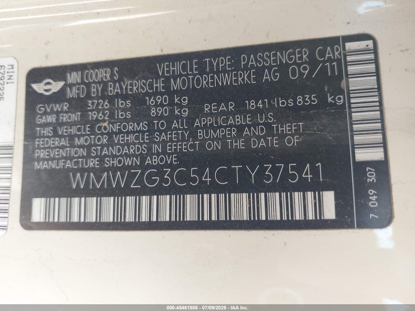 2012 Mini Cooper S Clubman VIN: WMWZG3C54CTY37541 Lot: 45461508