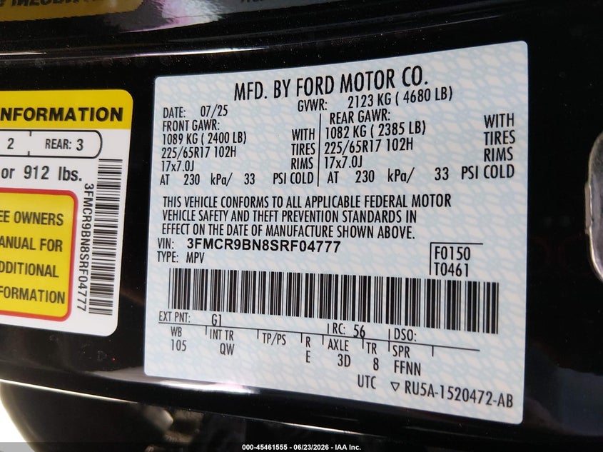 FORD BRONCO SPORT 2025 VIN 3FMCR9BN8SRF04777