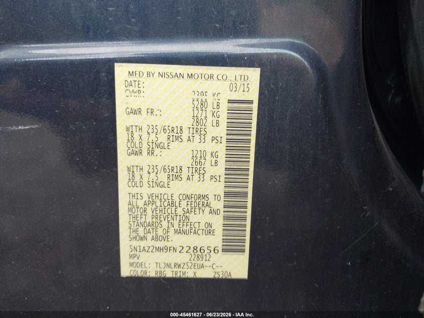 2015 Nissan Murano Sl VIN: 5N1AZ2MH9FN228656 Lot: 45461627