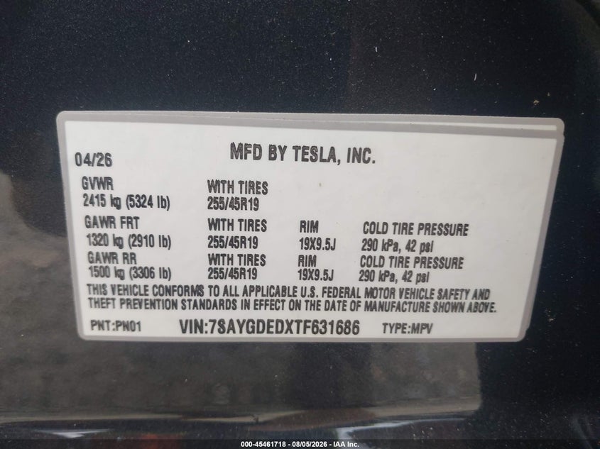 TESLA MODEL Y 2026 VIN 7SAYGDEDXTF631686