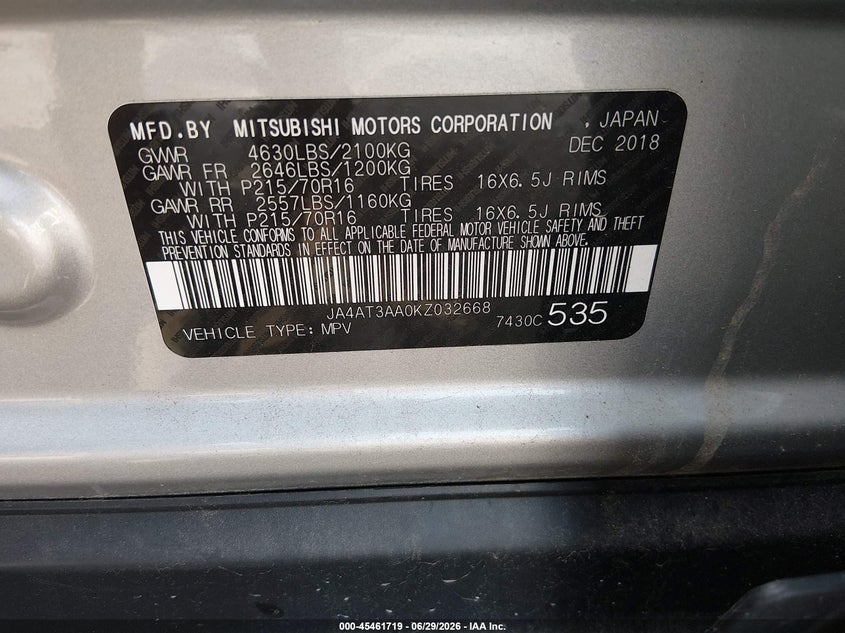 2019 Mitsubishi Eclipse Cross Es VIN: JA4AT3AA0KZ032668 Lot: 45461719