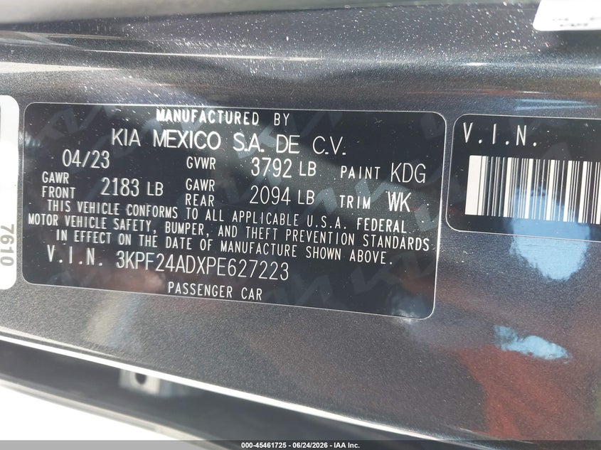 2023 Kia Forte Lxs VIN: 3KPF24ADXPE627223 Lot: 45461725