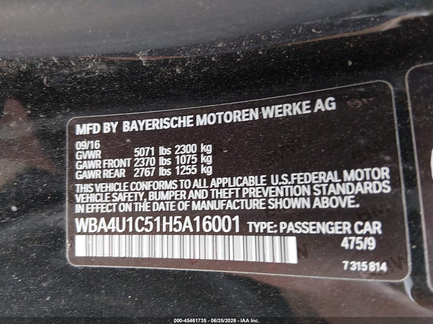 BMW 440I 2017 VIN WBA4U1C51H5A16001