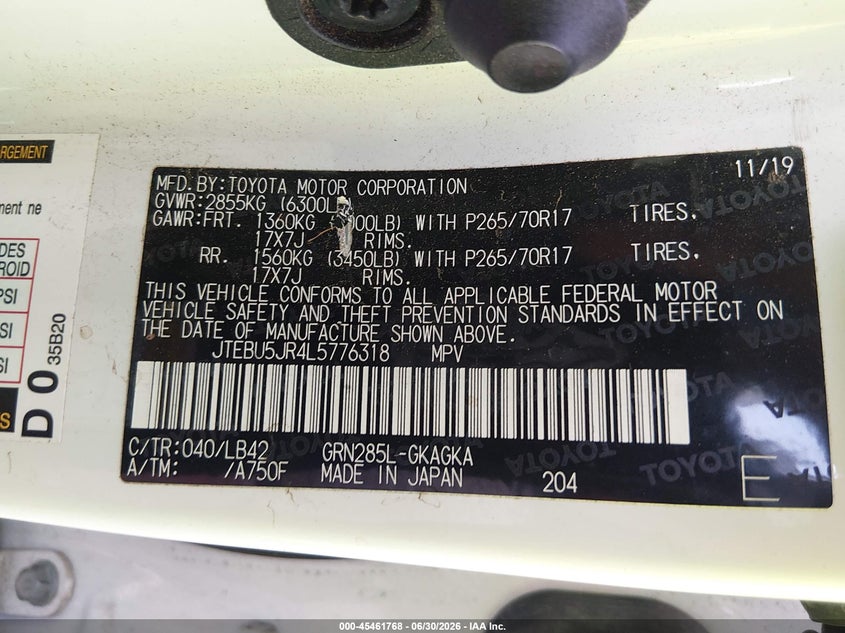 TOYOTA 4RUNNER 2020 VIN JTEBU5JR4L5776318