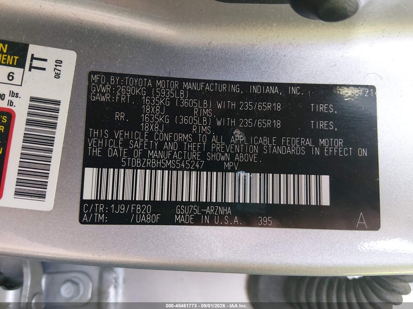 TOYOTA HIGHLANDER 2021 VIN 5TDBZRBH5MS545247