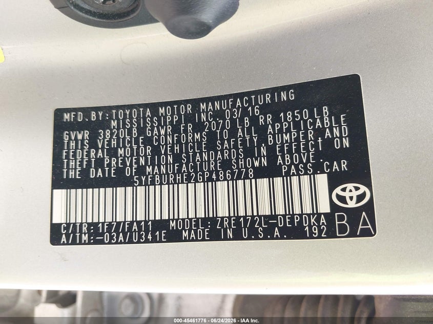 2016 TOYOTA COROLLA SEDAN 1.8L I-4 DOHC, VVT, 132HP