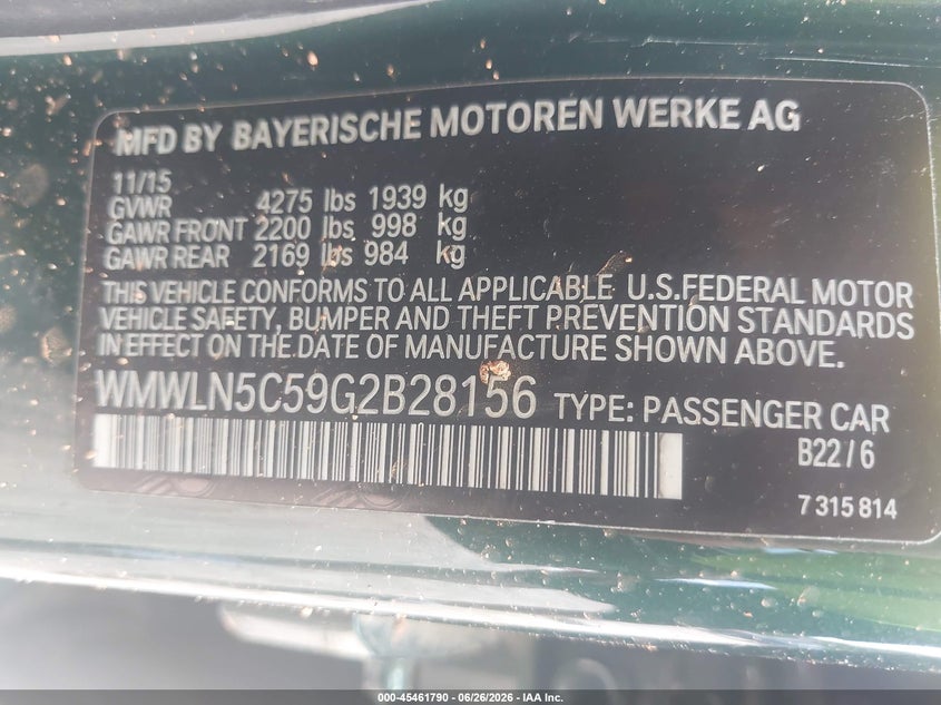 2016 Mini Clubman Cooper VIN: WMWLN5C59G2B28156 Lot: 45461790