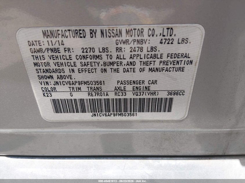 2015 Infiniti Q40 VIN: JN1CV6AP9FM503561 Lot: 45461813