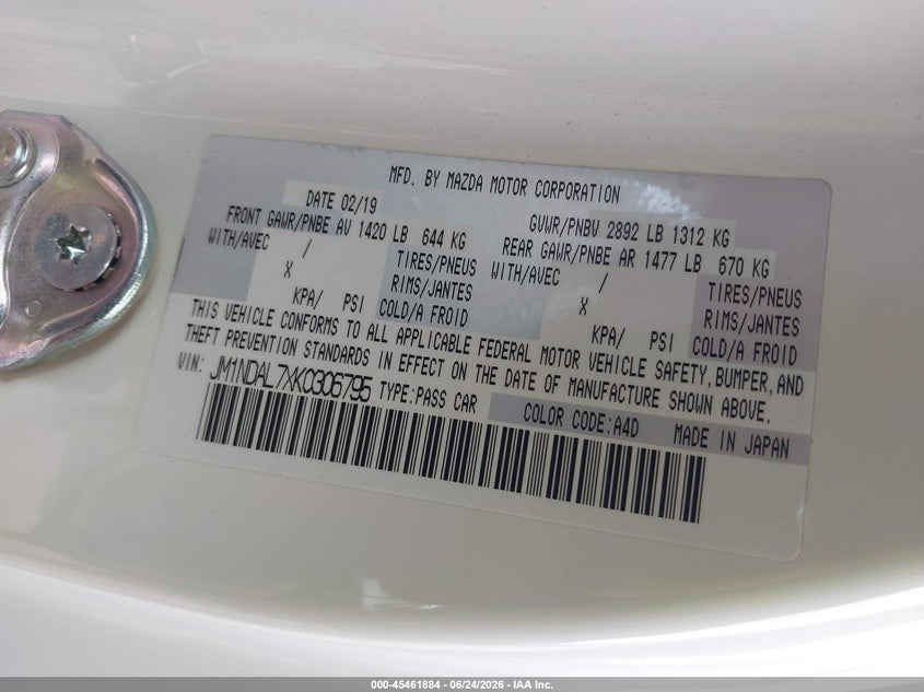 2019 Mazda Mx-5 Miata Rf Club VIN: JM1NDAL7XK0306795 Lot: 45461884