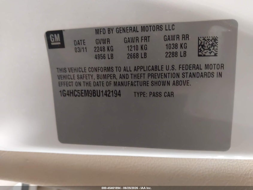 2011 Buick Lucerne Cxl VIN: 1G4HC5EM9BU142194 Lot: 45461894
